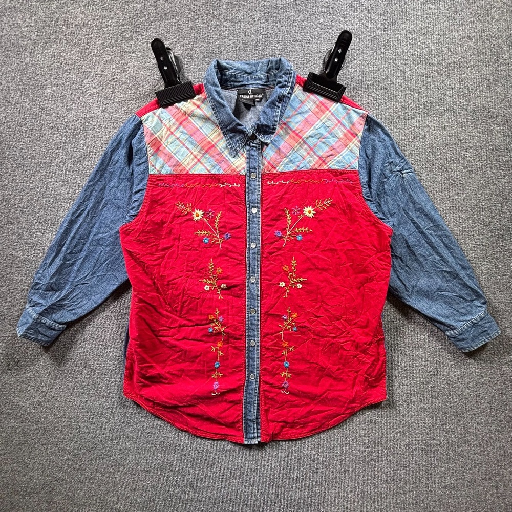 Vintage Carole Little Shirt Womens 14W Red Blue Denim Floral Snap Front Western